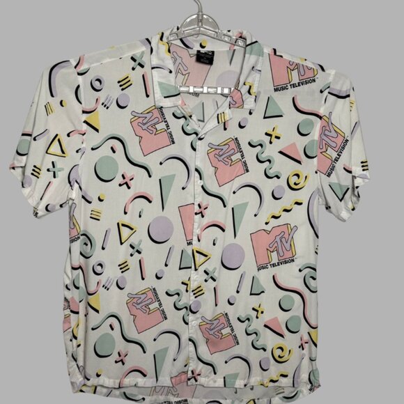 Vintage 80s/90s Print MTV Men’s 2XL Button Down Shirt - Picture 2 of 4